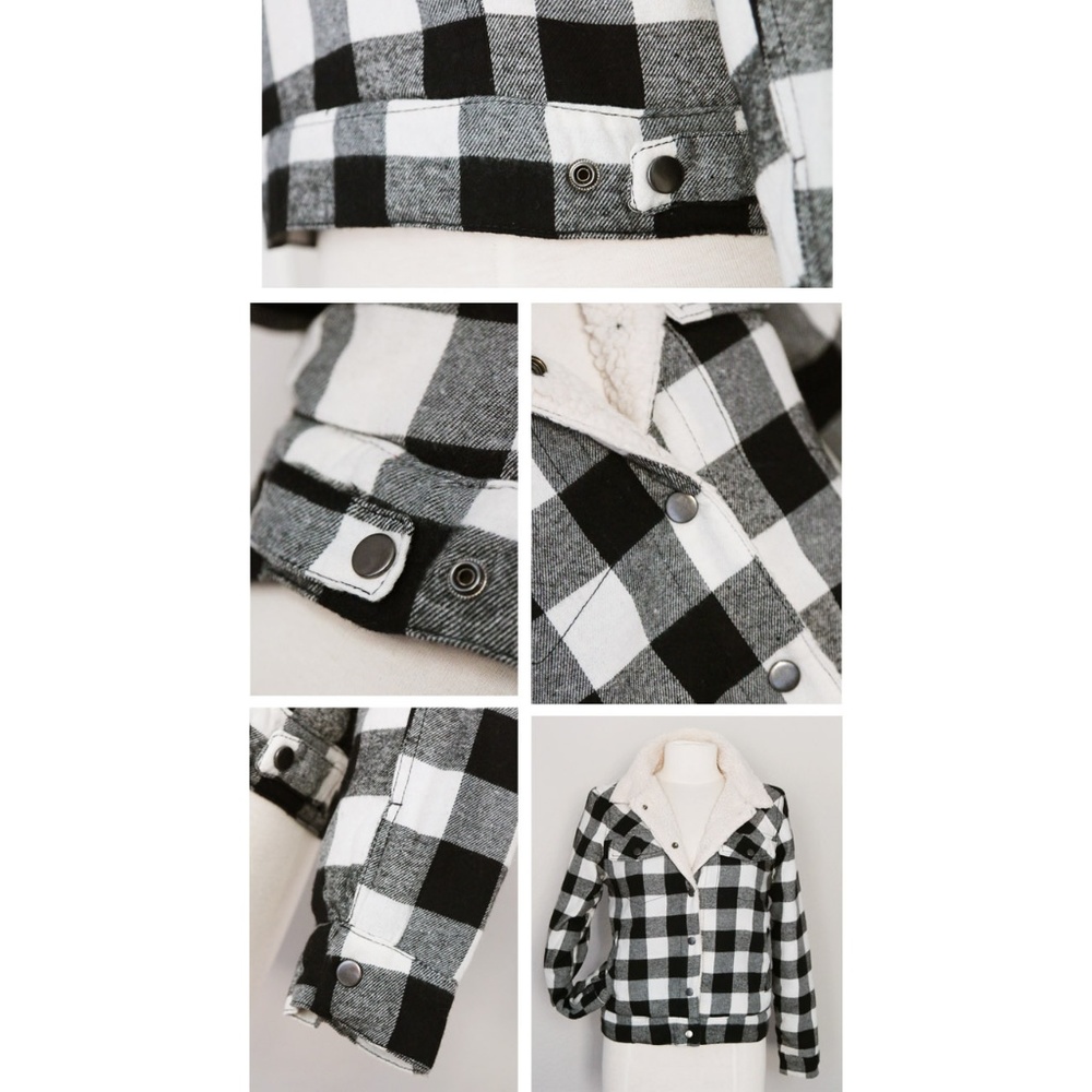 Black Buffalo Plaid Sherpa Trucker Flannel Jacket - Picture 6 of 8